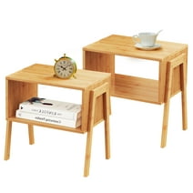 2-Pack Square Bamboo Stackable End Tables Bedside Table Nightstand with Storage Shelf for Bedroom Livingroom