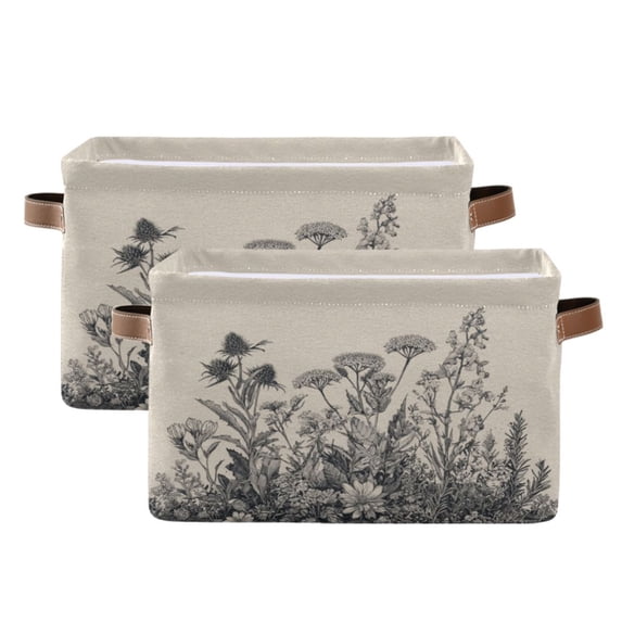 2-Pack Square Closet Organizers with Handles Open Basket Bins Black and White Ink Drawing Storage Basket for Home Office