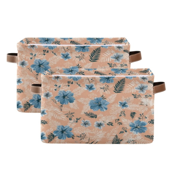 2-Pack Square Closet Organizers with Handles Open Basket Bins Blue Flowers and Pink Leaves Storage Basket for Home Office