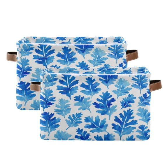 2-Pack Square Closet Organizers with Handles Open Basket Bins Blue Oak Leaf Pattern Storage Basket for Home Office
