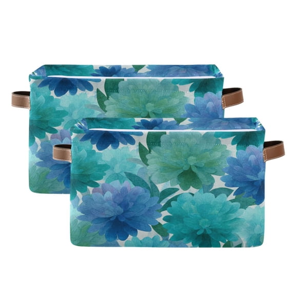 2-Pack Square Closet Organizers with Handles Open Basket Bins Blue-green Flowers Storage Basket for Home Office