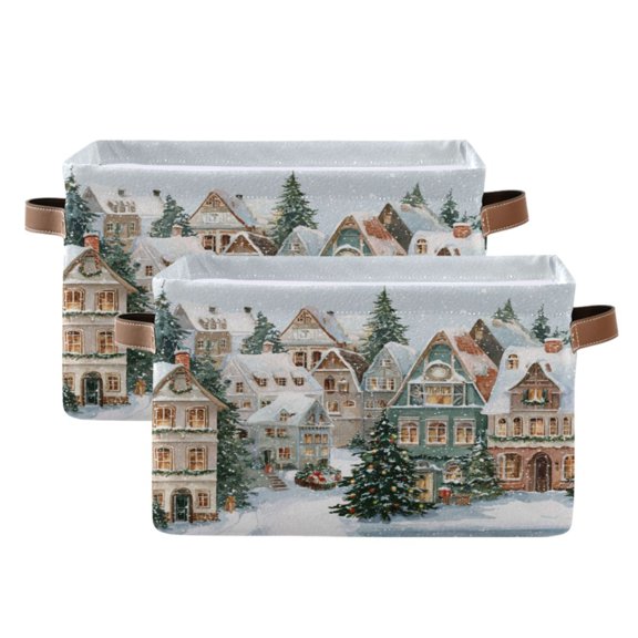 2-Pack Square Closet Organizers with Handles Open Basket Bins Cozy Winter Town with Snow Storage Basket for Home Office