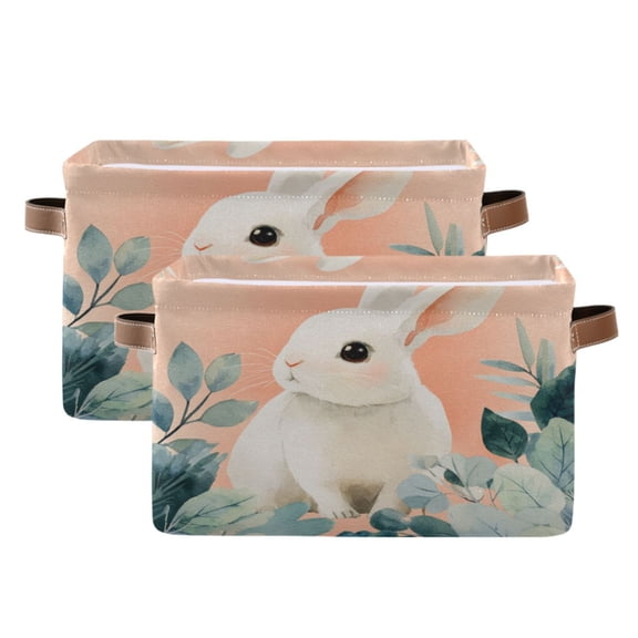2-Pack Square Closet Organizers with Handles Open Basket Bins Cute White Rabbit Storage Basket for Home Office