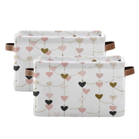 2-Pack Square Closet Organizers with Handles Open Basket Bins Hearts and String Garland Storage Basket for Home Office