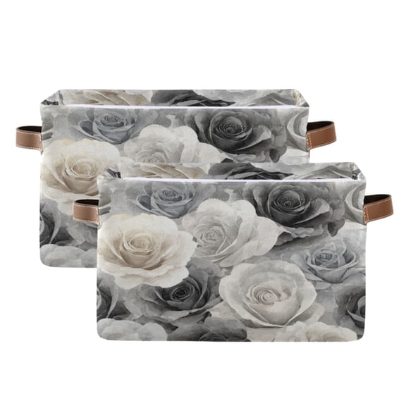 2-Pack Square Closet Organizers with Handles Open Basket Bins Ink Wash Style Roses Storage Basket for Home Office