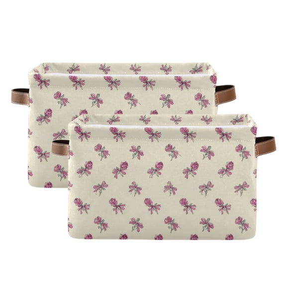 2-Pack Square Closet Organizers with Handles Open Basket Bins Pink Roses and Bows Pattern Storage Basket for Home Office