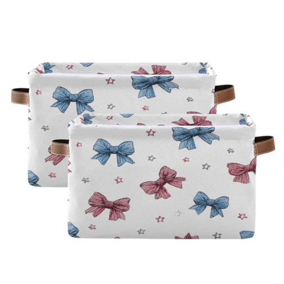 2-Pack Square Closet Organizers with Handles Open Basket Bins Red and Blue Stripes Bows Storage Basket for Home Office