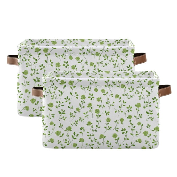 2-Pack Square Closet Organizers with Handles Open Basket Bins Small Green Rose Pattern Storage Basket for Home Office