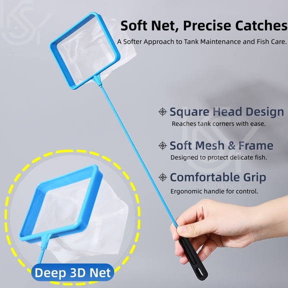 2-Pack Square Fish Net for Aquarium, Deep 3D Soft Mesh Nets with Non-Slip Handle, Safe for Delicate Betta Shrimp and Small Fish
