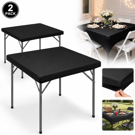 2 Pack Square Fitted Tablecloths 34x34 Inch - Stretchable Spandex Table Covers for Kitchen, Dining, Picnic & Outdoor Parties (Black)