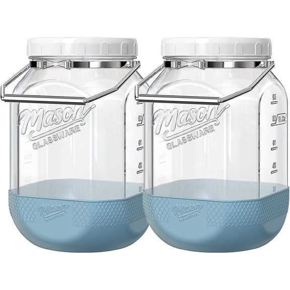 2 Pack Square Glass Containers with Airtight Lids, Wide Mouth Mason Jars, 1 Gallon Glass Jar With Handle & Non-slip Base & Scale Mark, 128 Oz Pantry Storage Canisters for Flour, Rice, Pickle