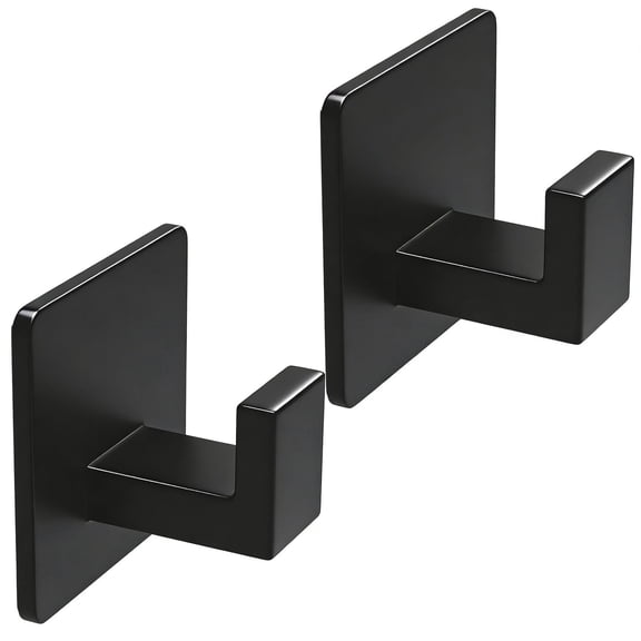 2 Pack Square Self Adhesive Towel Hooks, Matte Black Metal Right Angle Hooks for Towels, Robes, Hats, Bathroom, Kitchen & Entryway Storage