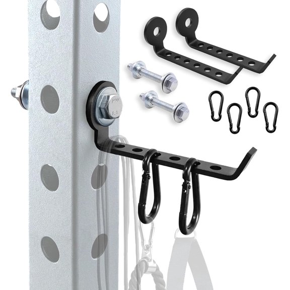 2 Pack Squat Rack Organizer Hooks with Carabiners, 6-Hole Steel Rack Hangers Fit 5/8" & 1" Power Racks, Storage for Cable Handles, Resistance Bands & Gym Accessories