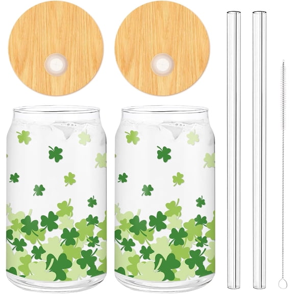 2 Pack St Patrick''s Day Drinking Glasses Green Shamrock Iced Coffee Cup Lucky Clover Beer Can Glass with Lid Straw Cleaning Brush for Home Office Gifts,16oz