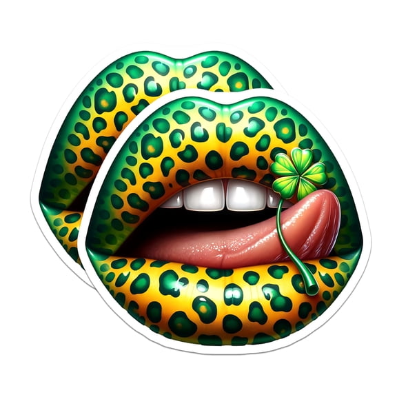 (2 Pack) St Patricks Day Lips Magnets - Leopard Print Mouth - Four Leaf Clover Decor - 5" On Longest Side - Premium Magnet - for Cars, Refrigerators, Toolboxes, Lockers - Made in USA - MAG16707