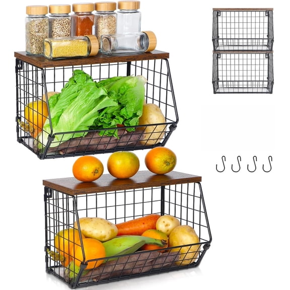 2-Pack Stackable 2-Tier Fruit Vegetable Storage Baskets with Wooden Lids, Wall-Mounted Kitchen Organizer for Potatoes, Onions & Snacks