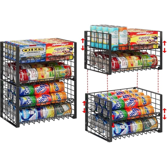 2-Pack Stackable Can Organizer for Pantry, Adjustable Can Holder Rack for Canned Food Soda Drink Goods Storage up to 36 Cans Storage, 2 Tier, Black