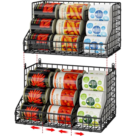 2 Pack Stackable Can Rack Organizer for Pantry Storage,Can Dispensers with 4 Adjustable Dividers, 2-Tier Metal Wire Basket Beverage Pop Soda Rack for Kitchen Cabinet Pantry, Black