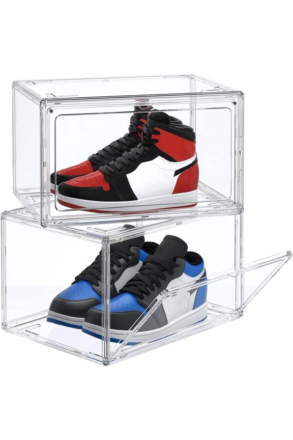 2-Pack Stackable Clear Shoe Boxes, Display Shoes Organizer, Thicken Sturdy Display Box with Door, Clear Shoe Storage Boxes, Fit up to Size 14