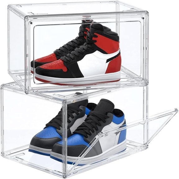 2-Pack Stackable Clear Shoe Boxes, Display Shoes Organizer, Thicken Sturdy Display Box with Door, Clear Shoe Storage Boxes, Fit up to Size 14