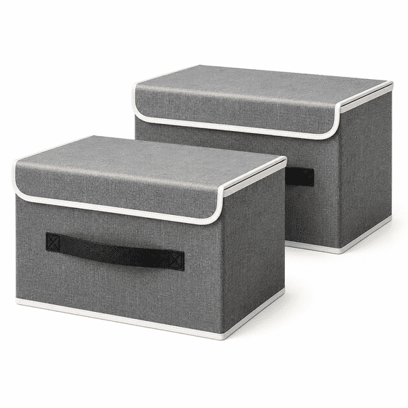 2 Pack Stackable Fabric Storage Bins with Flip-Top Lids, Gray Closet Organizer Boxes with Handles for Clothes, Towels, Blankets, Bedroom and Dorm Room