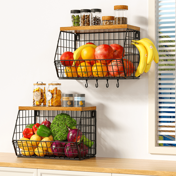 2 Pack Stackable Fruit Basket with Wood Lid for Kitchen Counter, Wall-Mountable Wire Baskets with 4 Banana Hanger Hooks, Storage Wire Organizing Basket for Fruit, Onion, Potato, Vegetable, Bread