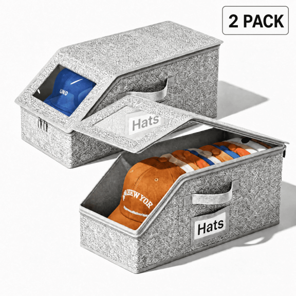 2 Pack Stackable Hat Storage for Baseball CapsHat Organizer for Baseball Caps, Baseball Cap Organizer and Hat Storage Box with Clear Window, Hat Organizer for Closet, Grey