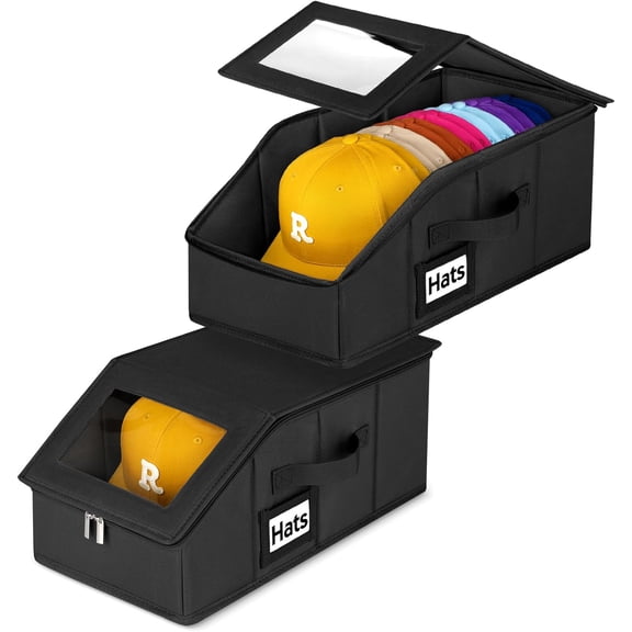 2 Pack Stackable Hat Storage for Baseball Caps, Holds 28 Caps - Closet Organizer Box with Clear Window & CardboardSturdy Snapback Hat Boxes for Home Storage (dark, 2)