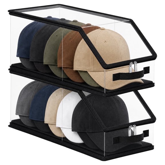 2 Pack Stackable Hat Storage Box Clear Closet Hat Organizer for Baseball Cap Holds up to 24 Cap with Handle for Closet Bedroom Entryway
