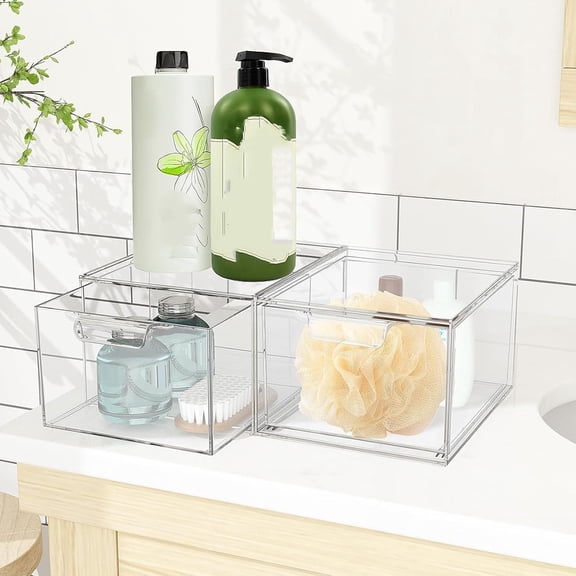 2 Pack Stackable Makeup Organizer and Storage, Acrylic OrganizersClear Plastic Storage Drawer with Handles for Vanity, Undersink, Kitchen Cabinets, Pantry