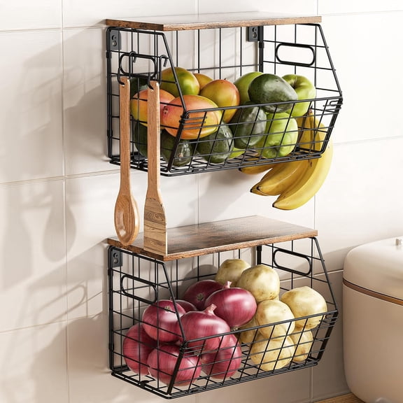 Stackable Metal Fruit Basket with Wood Lid 2 Pack, Hanging Wall Organizer for Kitchen Counter, Pantry Storage for Onions, Potatoes, Garlic, Fruits, Spices, Black
