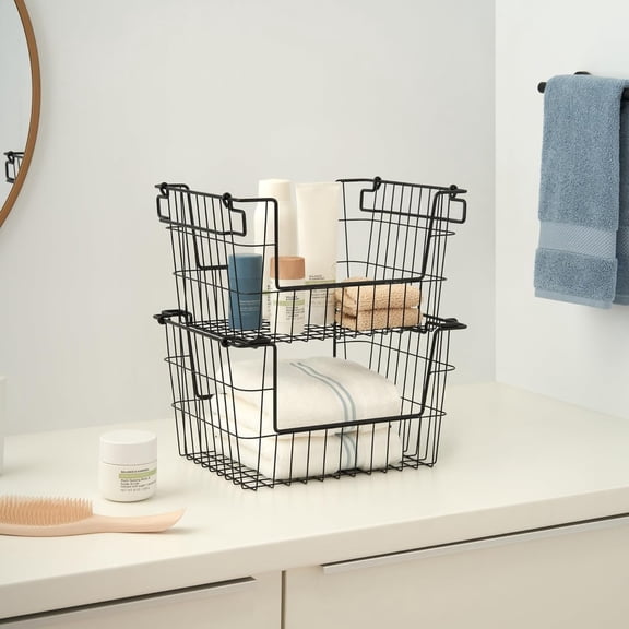 2-Pack Stackable Metal Wire Storage Baskets With Handles, Black, 14 Inches