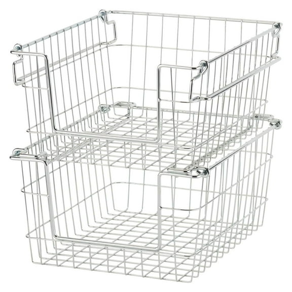 2-Pack Stackable Metal Wire Storage Baskets With Handles, EcoStorage Chrome, 11 Inches