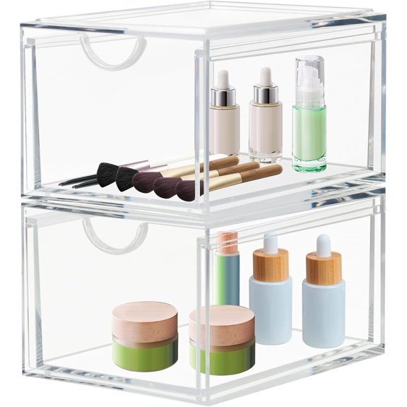2 Pack Stackable Organizer Drawers, Clear Makeup Storage Organizer Box, Plastic Storage Bins Container for Bathroom Countertop, Bedroom Dresser, Kitchen Cabinets
