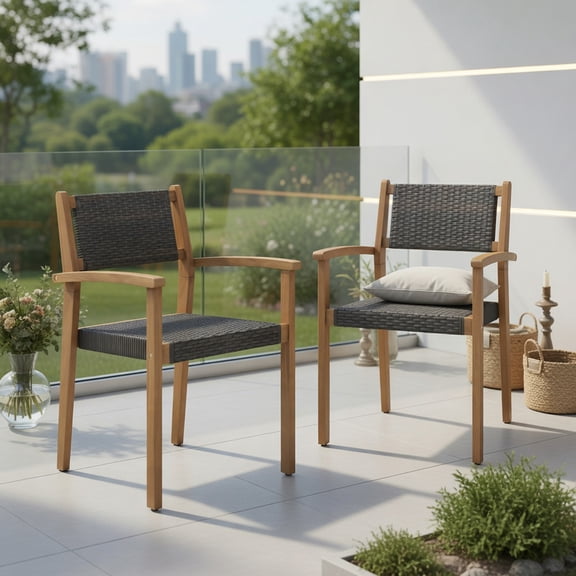 2-Pack Stackable Outdoor Dining Chairs PE Wicker & Acacia Wood, Weather-Resistant, Ergonomic Design, 400 lb Capacity per Chair