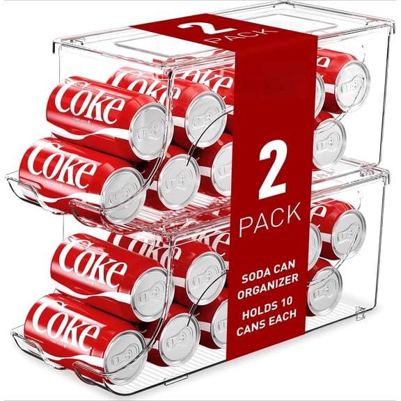 2 Pack Stackable Refrigerator Organizer, Soda Can Dispenser Pop Cans Container Beverage Holder with Lid for Fridge, Freezer, Kitchen, Clear Plastic Storage Bins-Holds 10 Cans Each