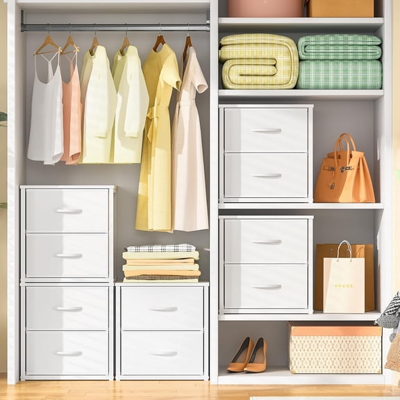 2-Pack Stackable Storage Drawers (4 Drawers Total), White Closet Organizer with Wooden Top & Metal Frame, Freestanding or Stackable Dresser for Bedroom, Living Room, Under Bed