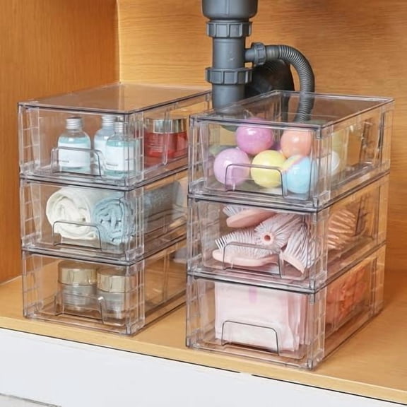 2 Pack Stackable Storage Drawers,Clear Acrylic Drawer Organizers with Handles, Easily Assemble Containers for Fridge, Bathroom,Kitchen Undersink,Cabinet,Pantry Organization and Storage