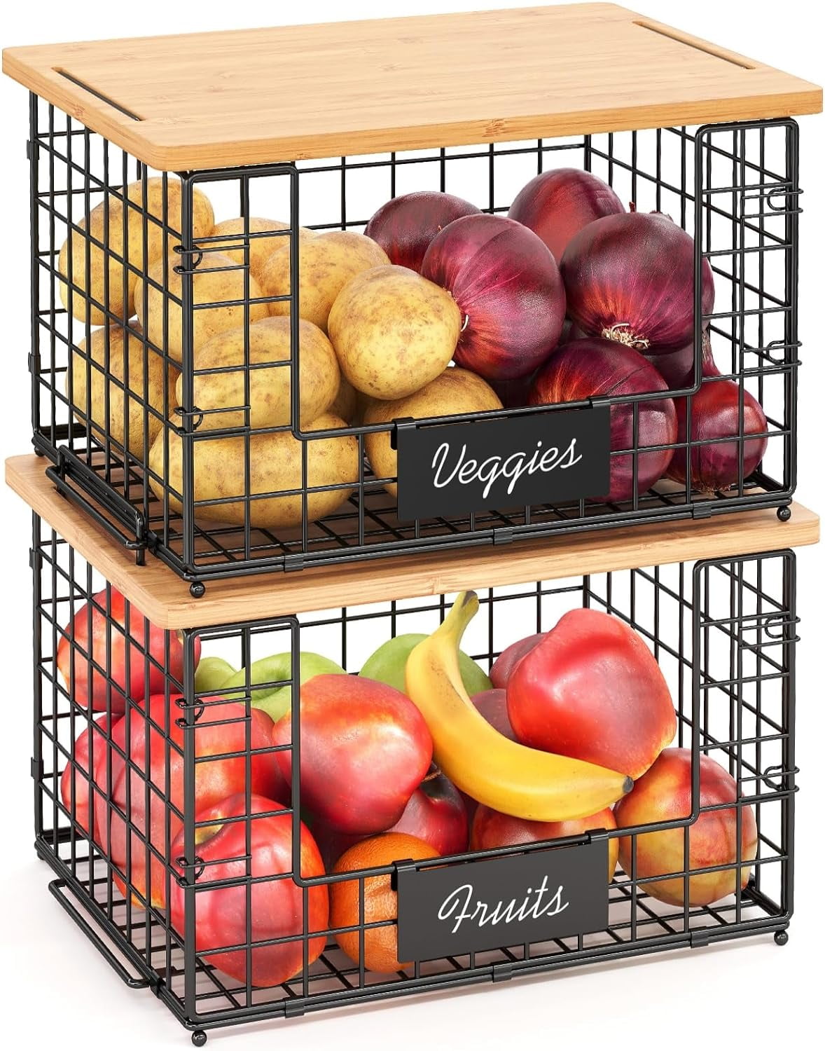 XCOSRACK 2-Pack XXL Stackable Wire Baskets with Bamboo Tops, Heavy Duty Kitchen Counter Organizer for Fruit, Vegetable, Potato & Onion Storage, Includes Cutting Boards, Shelf Liners & Nameplates