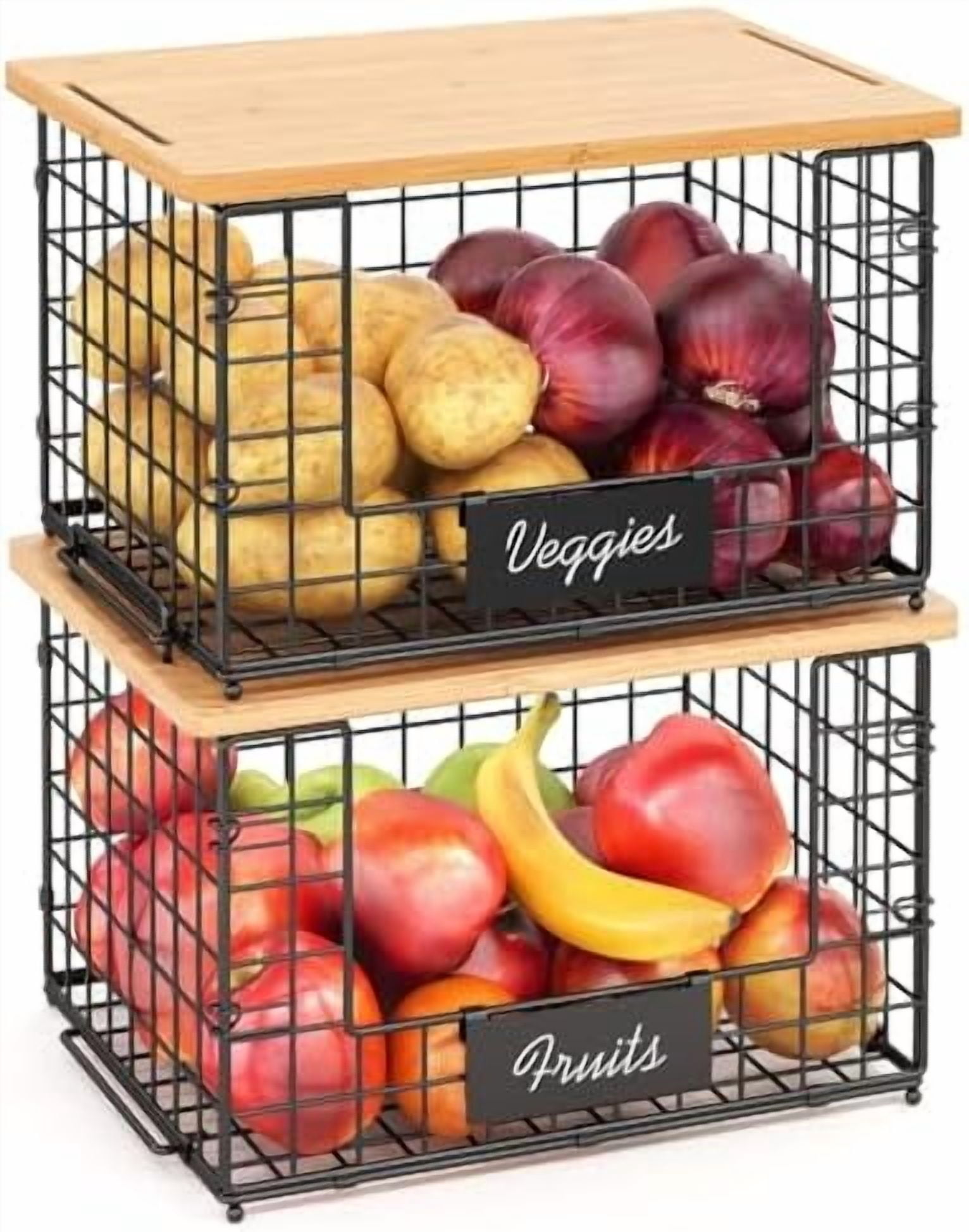 2 Pack Stackable Wire Baskets with Bamboo Top for Pantry Organizers and Storage, XXL Kitchen Organization Counter Basket for Fruit, Vegetable, Produce, Bread, Potato and Onion Storage Bins