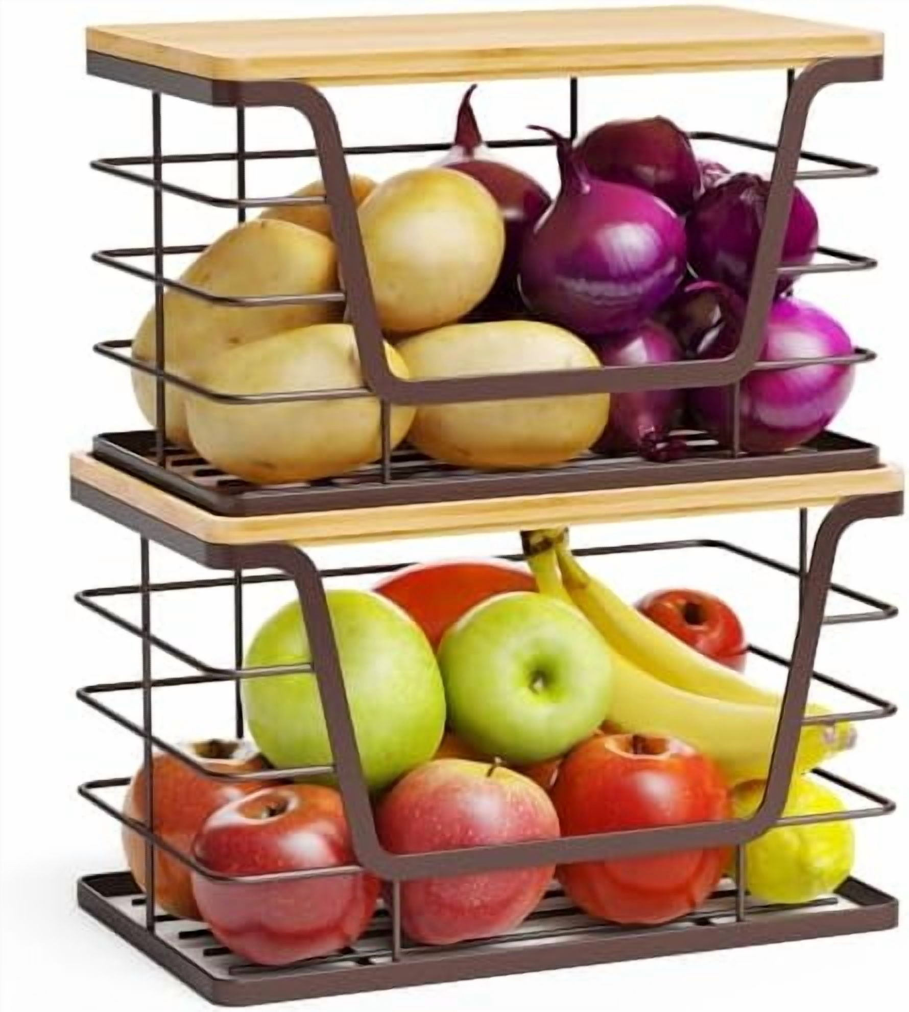 2 Pack Stackable Wire Storage Basket with Bamboo Lip, Trash Bag ...