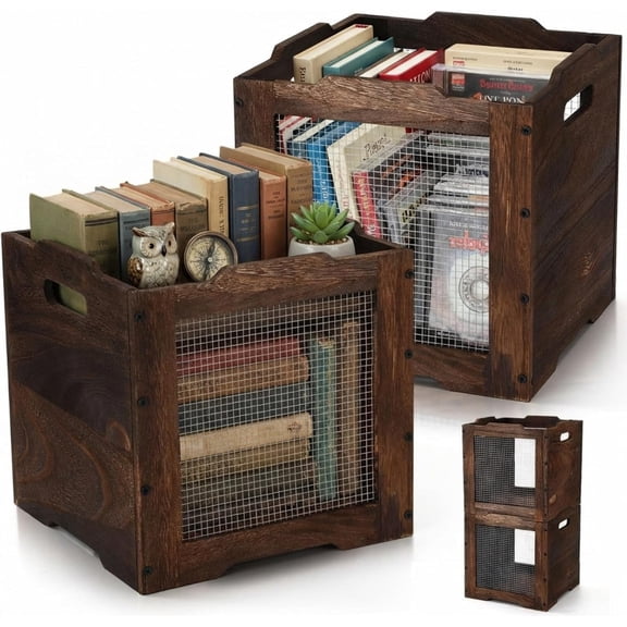 2 Pack Stackable Wood Storage Bins with Metal Wire and Handles 11 x 11 x 11 Inch, Wooden Storage Crate Basket for Shelve Pantry Cube Vinyl Record Holder Book Fruit Vegetable Clothes