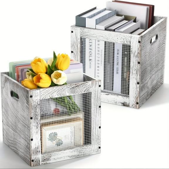 2-Pack Stackable Wooden Bins | Metal Handles & Mesh Bottom | 11" Rustic Crates for Pantry & Shelf Storage