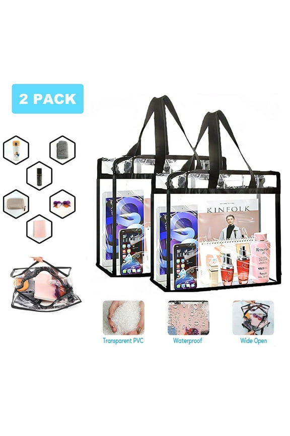 2 Pack Stadium Approved Clear Tote Bags, 12x6x12 Large Plastic Beach Bags with Handles