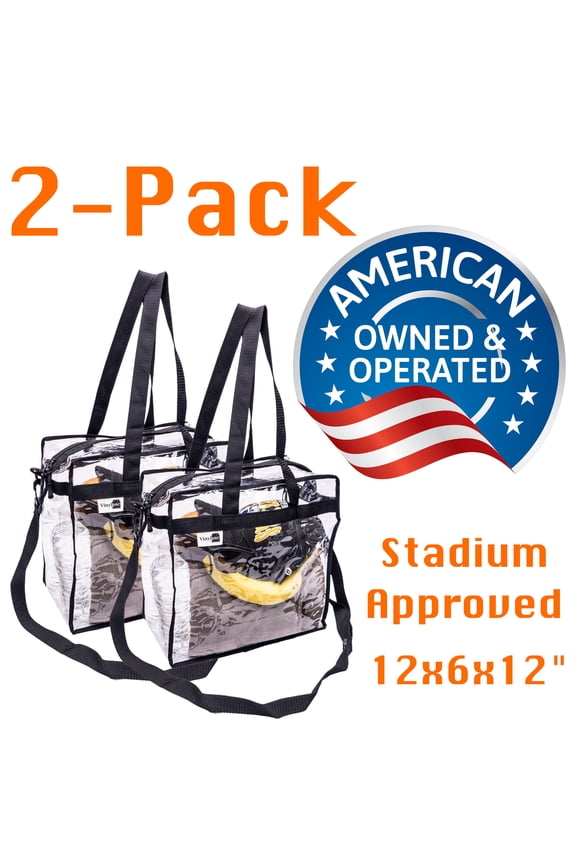 2-Pack Stadium Approved Vinyl Clear Bag 12x12x6" Transparent Tote Handbag with Double Zipper, Adjustable Removable Shoulder Strap for Concerts, Sporting Events, Music Festivals, Work, School, Gym