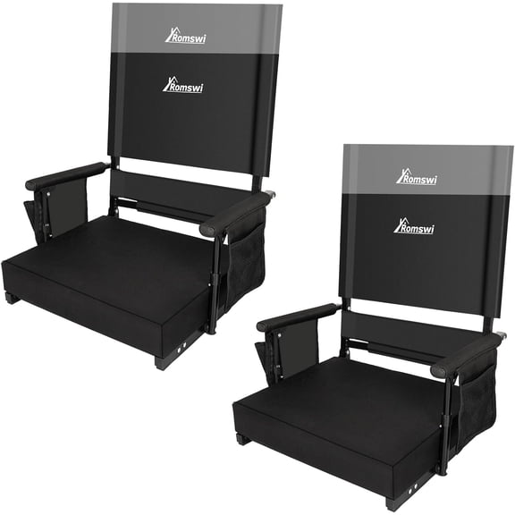 2-Pack Stadium Seat with Height Adjustable High Back & Lumbar Support, 3" Thick Bleacher Chairs with 2 Height Adjustments, Armrests & Cup Holders, Comfortable & Portable, Black