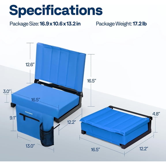 2 Pack Stadium Seats with Back Support and Cushion, Portable Bleacher Chair with Cup Holder and Shoulder Strap Blue