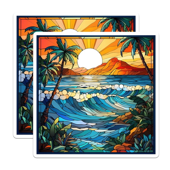 (2 Pack) Stained Glass Beach Magnets - Tropical Ocean Sunset Decor - Coastal Fridge Accessories - 5 Inches On Longest Side - Thick Durable Magnet - Made in USA - MAG29855
