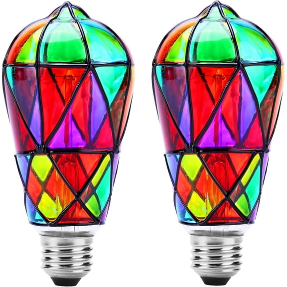 2 Pack Stained Glass LED Light Bulb, Dimmable E26 Medium Base, ST64 3.5W LED Bulb for Home Party, Balcony, Garden, Christmas Halloween Decoration