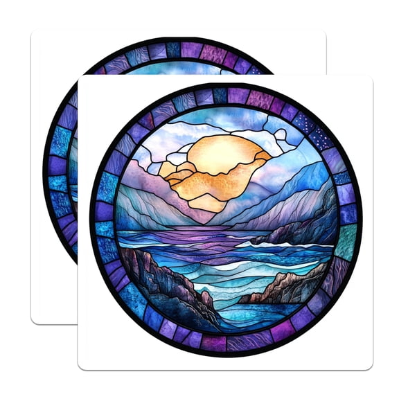 (2 Pack) Stained Glass Landscape Magnets - Mountain Ocean Sunrise Art - Cosmic Sky Scene Decor - 5 Inches On Longest Side - Thick Durable Magnet - Made in USA - MAG23791